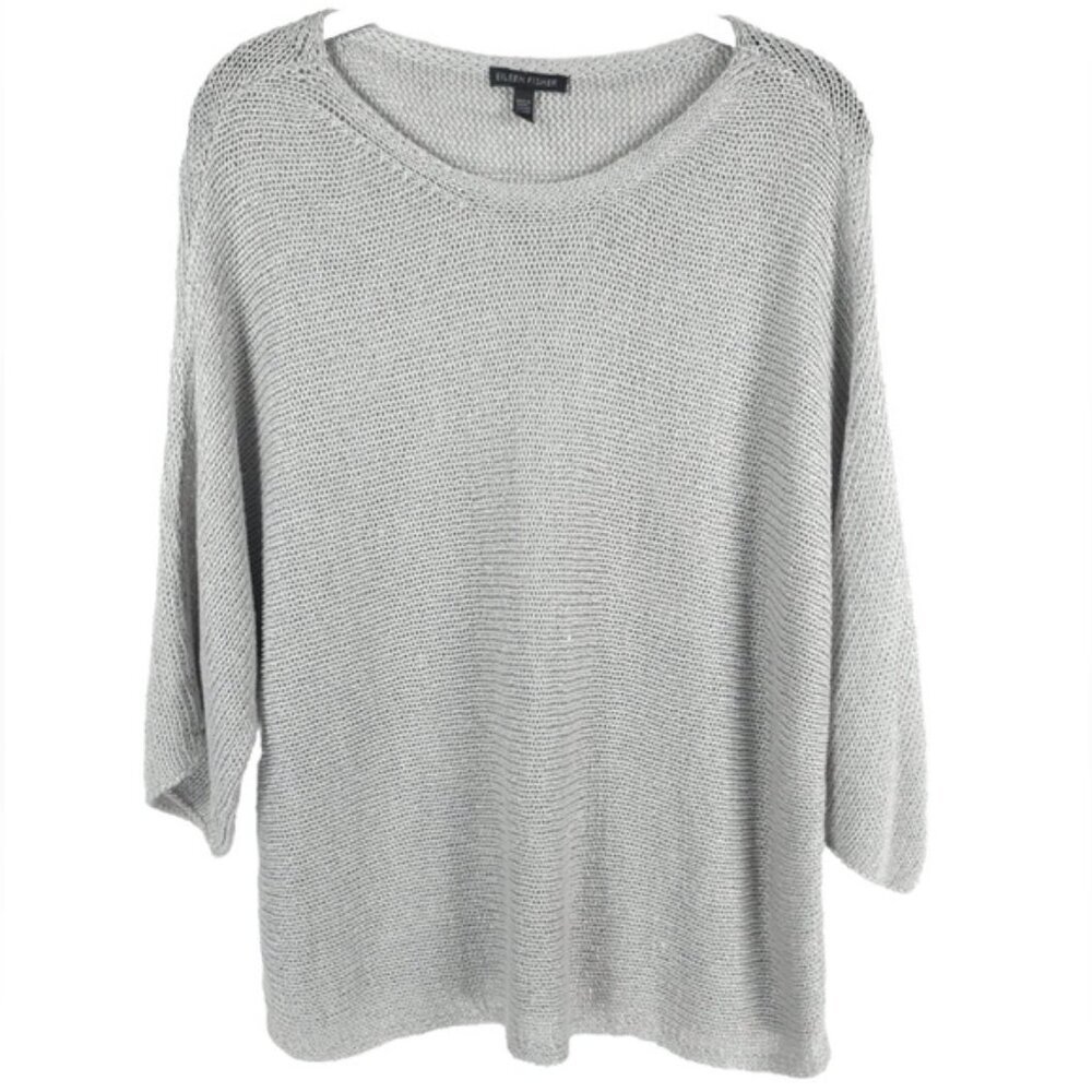 EILEEN FISHER LINEN Blend Knit Boat‎ Neck 3/4 Sleeve Pullover Top Sweater MEDIUM